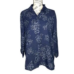 Alfred Dunner (12) Floral Semi Sheer Button Up Shirt Silver Detail Notched Cuff